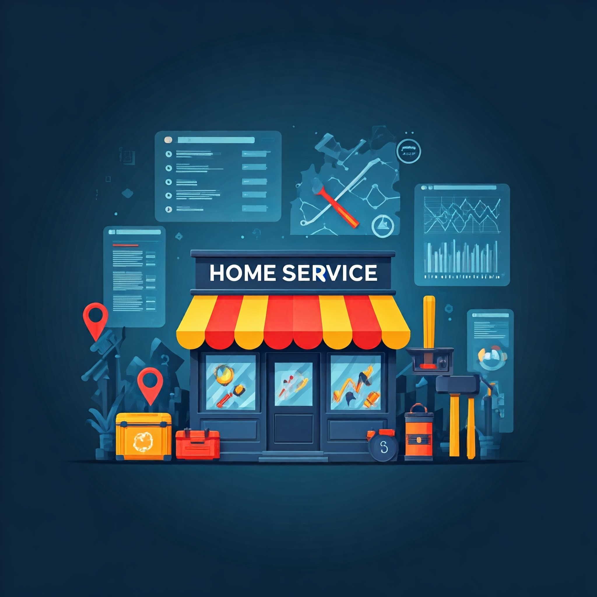 Illustration of a home service storefront with tools and analytics charts on a dark background.