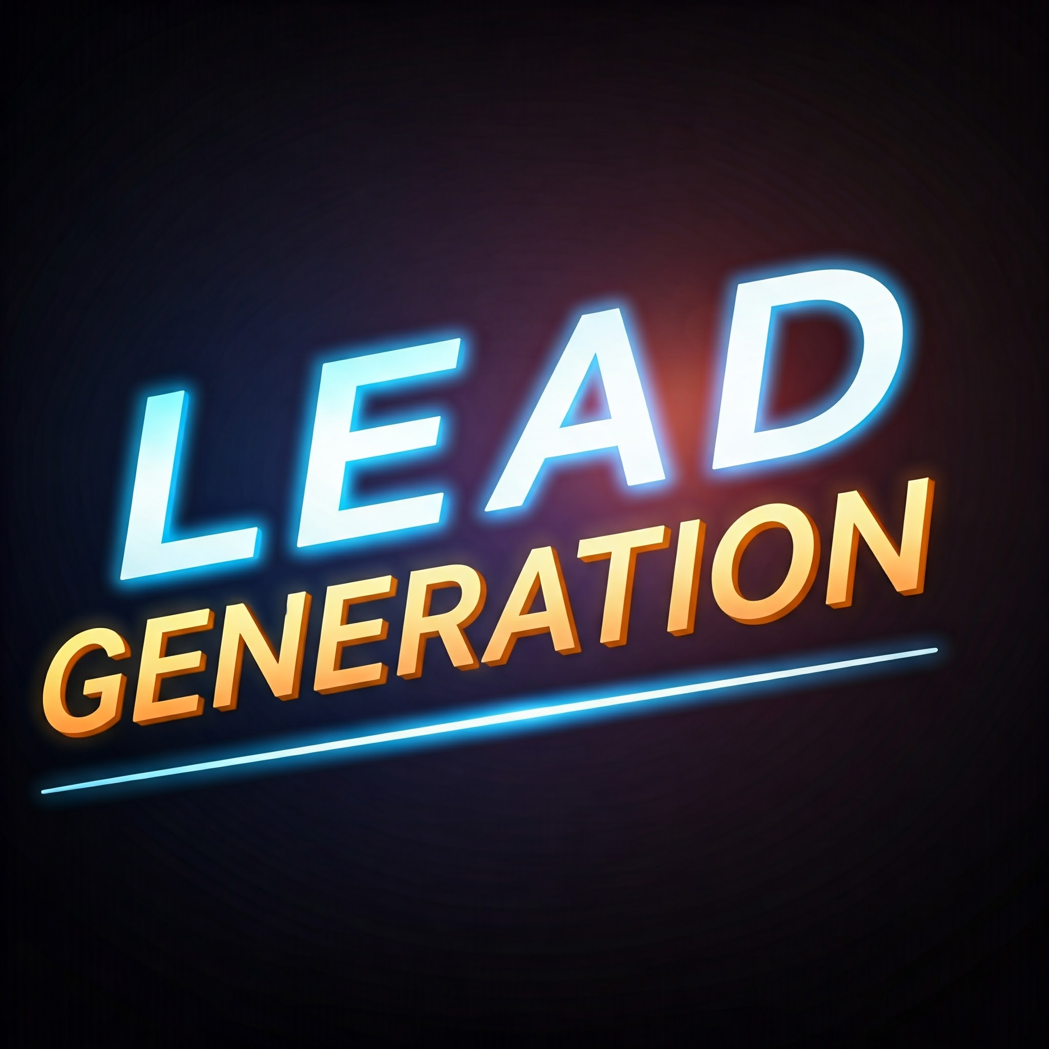 Neon sign reading "LEAD GENERATION" with a glowing blue and orange outline on a dark background.