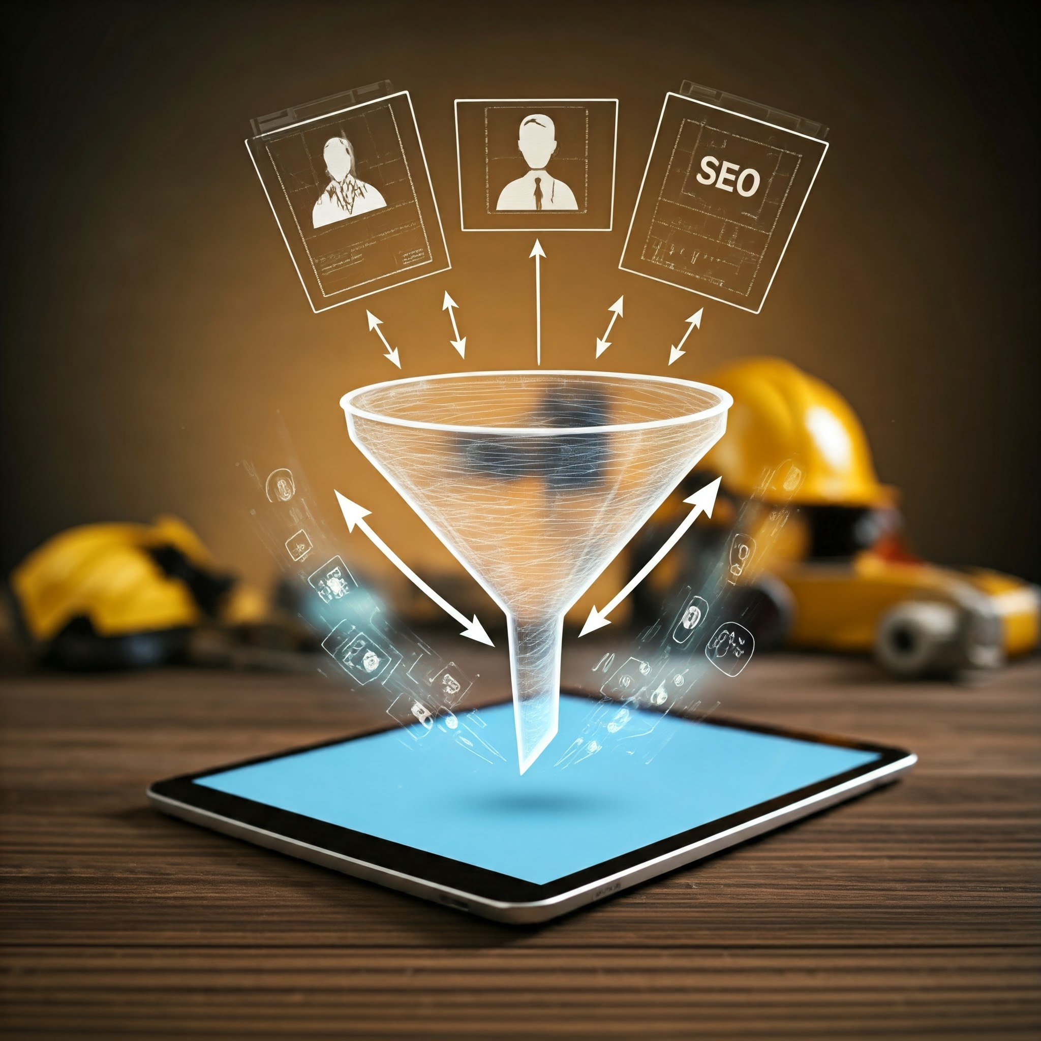 A digital funnel on a tablet screen symbolizing data processing, with hard hats and tech icons in the background.