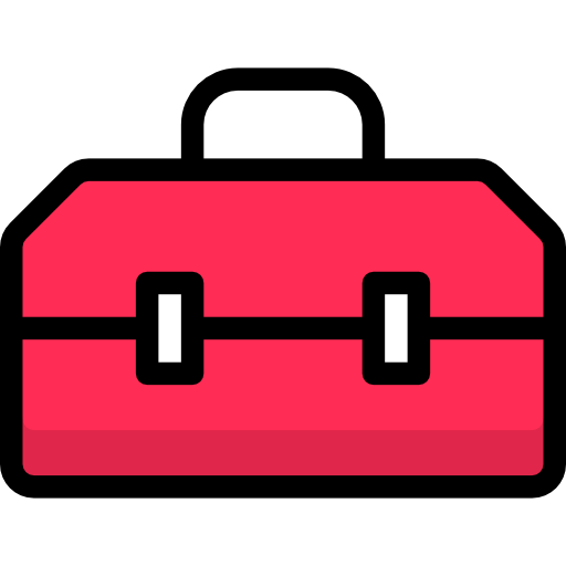 A stylized icon of a red toolbox with a handle on top and two black clasps on the front.