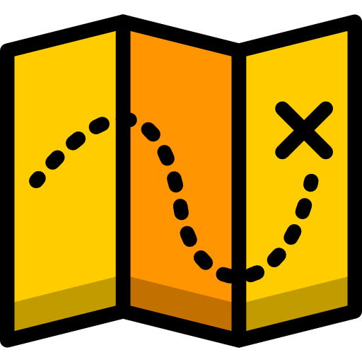 A yellow map with a dotted line winding across it with a black X at the end of the line.