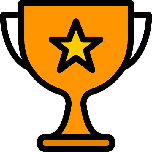 Illustration of an orange trophy cup with a star symbol in the center and handles on each side.